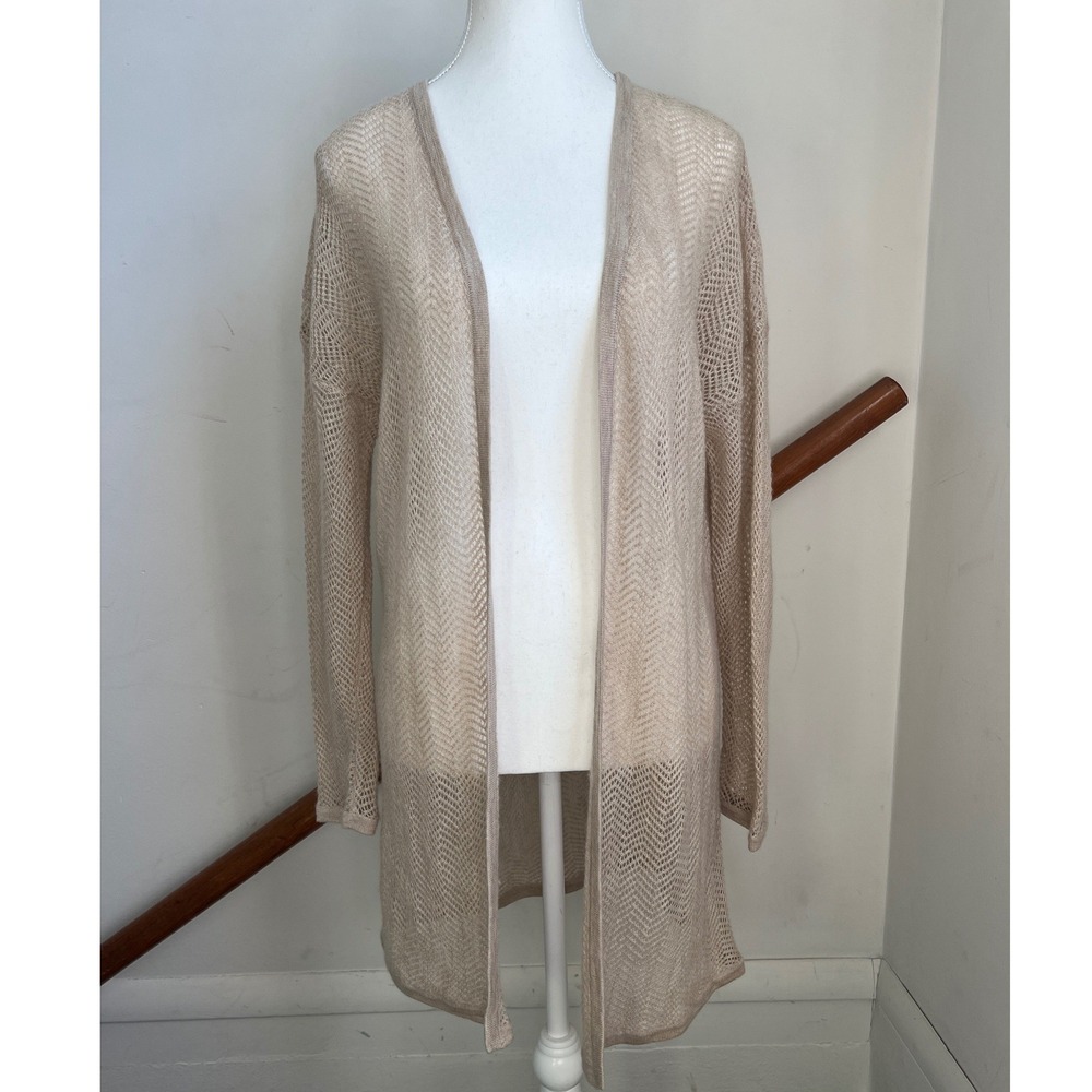 Garnet Hill Cardigan M Beige Cashmere Open Front Pointelle Knit Sheer Duster